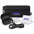 A black tech pack containing wireless earbuds, a charging cable, a power adapter, and a phone stand. It has a logo.