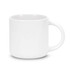 A coffee mug in white, featuring a rounded shape and a sturdy handle. It has a simple design with a logo.