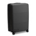 A large black suitcase with a smooth exterior and wheels, featuring a brand logo on the side.