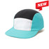 A 6-panel cap in turquoise, black, and white with a branded logo on the front.