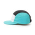 A 6-panel cap featuring black, white, and aqua panels with an adjustable strap and a logo.