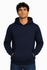 A men's hoodie in navy blue featuring a front pocket and a drawstring hood, displaying a logo.