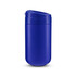 A blue coffee cup with a lid and a smooth finish, featuring a branding logo.