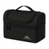A black lunch bag with a zippered compartment and a carry handle, featuring a logo on the front.