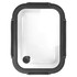 A rectangular glass lunch box with a clear body and black silicone seal. It features a small vent on the side and has a logo.