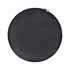 A round black duffle bag with a zip closure and a flat pocket on one side. It features a logo.