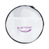 A round, white travel pouch with a black zipper and a logo on the front, featuring a mesh design.