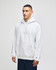 A white pullover hooded sweatshirt with a front pocket and a logo on the sleeve, worn by a model.