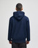 A navy blue pullover hooded sweatshirt with a logo on the back, featuring a relaxed fitting design.