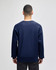 A navy blue adult crew sweatshirt with a relaxed fit, featuring a logo on the back.