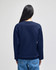 A navy blue crewneck sweatshirt with long sleeves, viewed from the back, featuring a logo.