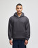 A dark grey crewneck sweatshirt is displayed on a model, featuring a hood and a front pocket. It has a logo.