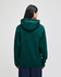 A green pullover hooded sweatshirt with a spacious hood, shown from the back. Features a logo on the garment.