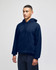 A navy blue pullover hooded sweatshirt with a front pocket and a logo, worn by a model.