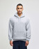 A grey pullover hooded sweatshirt with a front pocket and a logo on the sleeve.
