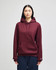 A burgundy hooded sweatshirt with a front pocket and a logo on the sleeve.