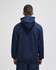 A navy blue pullover hooded sweatshirt viewed from the back, featuring a hood and loose fit.