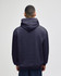 A back view of a navy blue pullover hooded sweatshirt with a hood and a logo.
