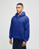 A blue pullover hooded sweatshirt with a front pocket and a logo on the sleeve.