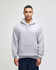 A grey pullover hooded sweatshirt with a front pocket, featuring a logo on the sleeve.