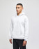 A white pullover hooded sweatshirt with a front pocket and a logo, worn by a model standing.