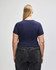 A navy blue fitted crop T-shirt with short sleeves, showcasing a simple design from the back.