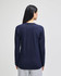 A long-sleeve T-shirt in navy blue, featuring a plain back and a simple design. It has a branding logo.