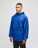 A full-zip anorak jacket in vibrant blue, featuring a hood and logo, worn by a model standing.