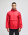 A red packable anorak jacket with a hood, featuring a front pocket and an adjustable fit. It has a logo on it.