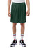 Green mesh sports shorts with pockets, featuring an elastic waistband and a logo. Suitable for active wear.