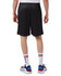 Black mesh sports shorts with pockets, featuring a logo, viewed from the back. Suitable for athletic wear.