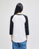 A white and black Champion Adult Raglan Baseball T-Shirt viewed from the back, featuring three-quarter length sleeves.