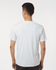 A white men's performance T-shirt, featuring a simple design and a logo on the back.