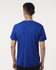 A blue men's performance t-shirt featuring a simple design and a visible logo on the back.