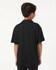 A black youth polo shirt featuring a collar and short sleeves, with a logo on the back.