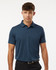 A men's polyester heather melange polo in dark blue, featuring a classic collar and short sleeves. It has a logo on the chest.