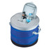 A circular top opening cooler bag in blue, filled with ice, a drink bottle, and two beverage cans.