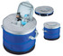 A round cooler bag in blue and black with a silver insulated interior, featuring a top opening and carrying handles.