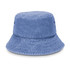 A blue washed bucket hat with a wide brim and textured fabric. Features ventilation holes and a logo.