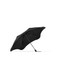 A black umbrella with a unique design and a logo, featuring a curved canopy and a sturdy handle.