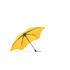 A yellow umbrella with a black frame, featuring a unique, modern design and a sturdy structure.