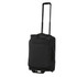 A black wheeled duffle bag with a retractable handle and zippers, featuring an exterior pocket and a logo.