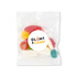 A clear plastic bag containing colourful gummy candies in various shapes, with a circular logo on the front.