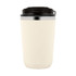 A cream-coloured drink bottle with a black lid and a silver band near the top. It features a logo.