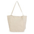 A beige tote bag with long handles and a spacious, open design. It features a simple shape and has a logo.