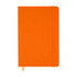 An orange notebook with a flexible cover and an elastic band closure. It features a gold ribbon bookmark.