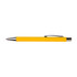 A yellow pen with a silver clip and a sleek design, featuring a branding logo.