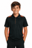 A black polo shirt with orange accents, worn by a smiling child. The shirt has a collar and buttons.