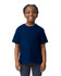 A navy blue youth short sleeve T-shirt displayed on a smiling child, featuring a simple design and a logo.