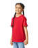 A red youth short sleeve T-shirt is displayed on a smiling child with braided hair. The shirt has a logo.